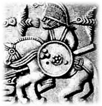 Odin (depicted on 7th century Vendel helmet plate, Sweden)